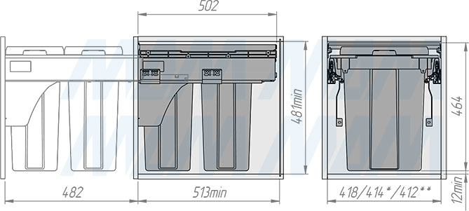 Установка системы PROBOX  LT F45 для сортировки и хранения, 2 емкости (21 л), для фасадов шириной 450 мм (артикул BRD452-42DG), схема 2