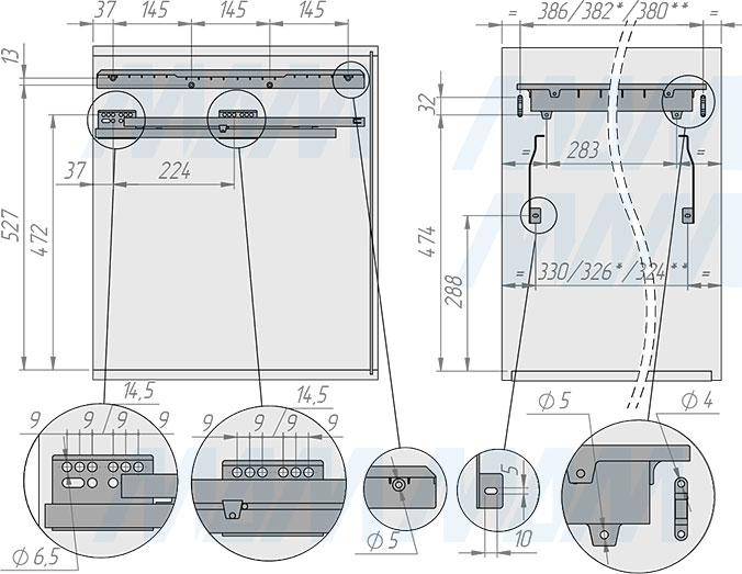 Установка системы PROBOX  LT F45 для сортировки и хранения, 2 емкости (27 л), для фасадов шириной 450 мм (артикул BRD452-54DG), схема 1