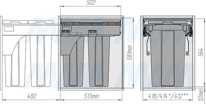 Установка системы PROBOX  LT F45 для сортировки и хранения, 2 емкости (27 л), для фасадов шириной 450 мм (артикул BRD452-54DG), схема 2