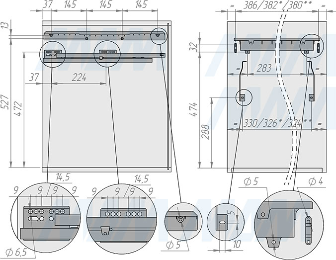 Установка системы PROBOX  LT F45 для сортировки и хранения, 3 емкости (2x9 л +1x27 л), для фасадов шириной 450 мм (артикул BRD453-45HDG), схема 1