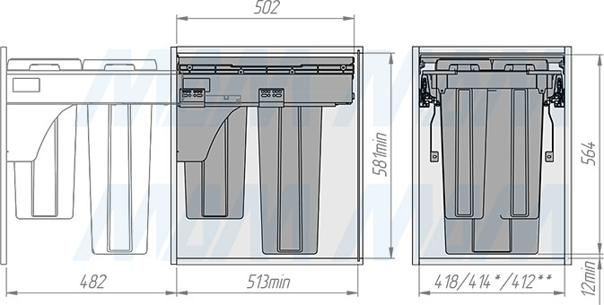 Установка системы PROBOX  LT F45 для сортировки и хранения, 3 емкости (2x9 л +1x27 л), для фасадов шириной 450 мм (артикул BRD453-45HDG), схема 2