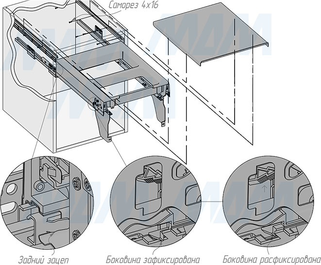 Установка системы PROBOX  LT F45 для сортировки и хранения, 3 емкости (2x9 л +1x27 л), для фасадов шириной 450 мм (артикул BRD453-45HDG), схема 4