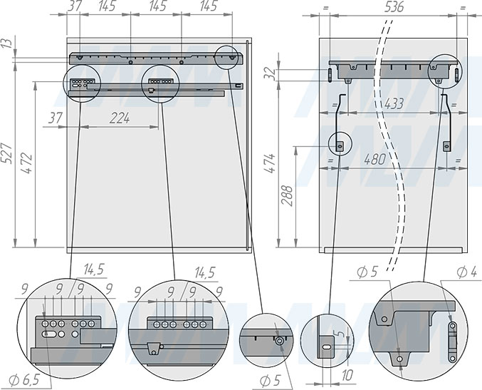 Установка системы PROBOX  LT F60 для сортировки и хранения, 2 емкости (35 л), для фасадов шириной 600 мм (артикул BRD602-70HDG), схема 1