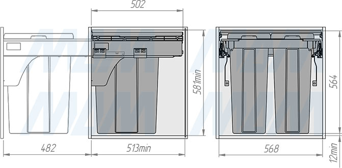 Установка системы PROBOX  LT F60 для сортировки и хранения, 2 емкости (35 л), для фасадов шириной 600 мм (артикул BRD602-70HDG), схема 2