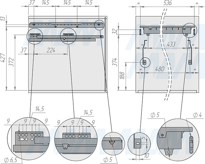 Установка системы PROBOX  LT F60 для сортировки и хранения, 4 емкости (2x9 л + 2x21 л ), для фасадов шириной 600 мм (артикул BRD604-60HDG), схема 1