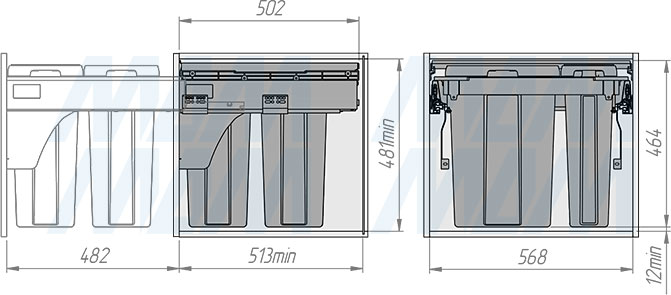 Установка системы PROBOX  LT F60 для сортировки и хранения, 4 емкости (2x9 л + 2x21 л ), для фасадов шириной 600 мм (артикул BRD604-60HDG), схема 2