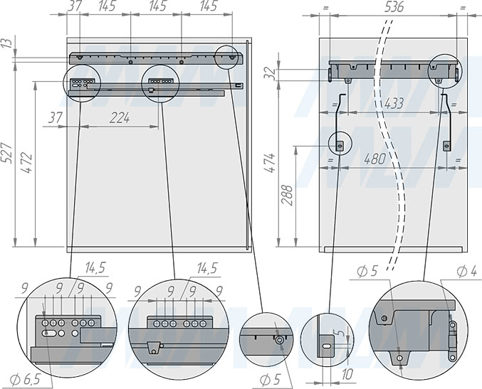Установка системы PROBOX  LT F60 для сортировки и хранения, 4 емкости (2x9 л + 2x27 л ), для фасадов шириной 600 мм (артикул BRD604-72HDG), схема 1