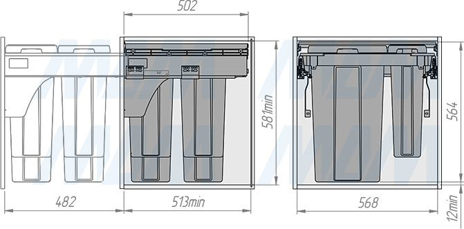 Установка системы PROBOX  LT F60 для сортировки и хранения, 4 емкости (2x9 л + 2x27 л ), для фасадов шириной 600 мм (артикул BRD604-72HDG), схема 2