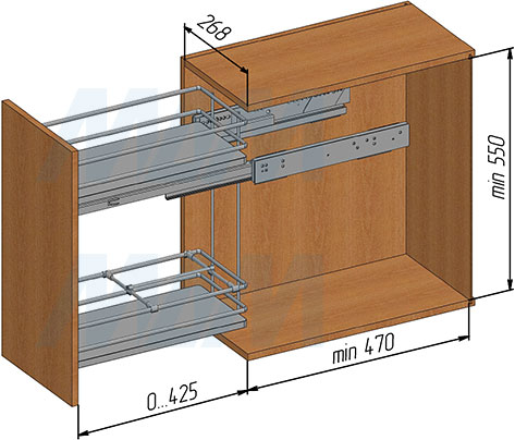 Установка двухуровневой корзины GALAXY для фасада шириной 300 мм (артикул EGTGM30B2OMBASCNP), схема 1
