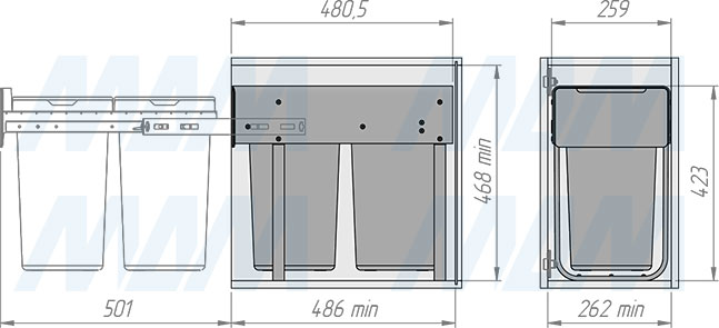 Установка встраиваемой выдвижной корзины EASYBOX F30 для мусора с распашным фасадом шириной 300 мм с 2 ведрами 14 л (артикул EMB302-28DG), схема 2