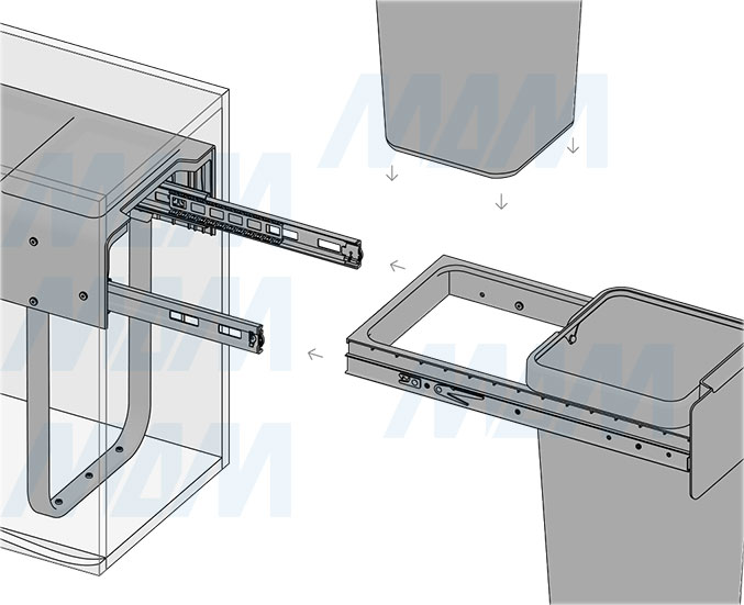 Установка встраиваемой выдвижной корзины EASYBOX F30 для мусора с распашным фасадом 300 мм с 2 ведрами 14 л (артикул EMB302-28DG), схема 4