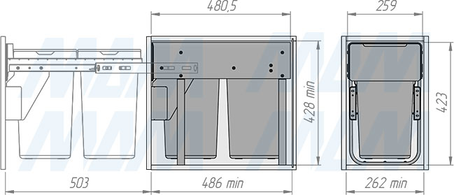 Установка встраиваемой выдвижной корзины EASYBOX F30 для мусора с выдвижным фасадом шириной 300 мм с 2 ведрами 14 л (артикул EMB302-28DG), схема 2