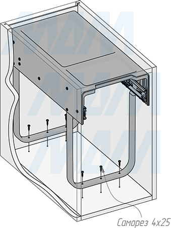 Установка встраиваемой выдвижной корзины EASYBOX F30 для мусора с выдвижным фасадом шириной 300 мм с 2 ведрами 14 л (артикул EMB302-28DG), схема 4