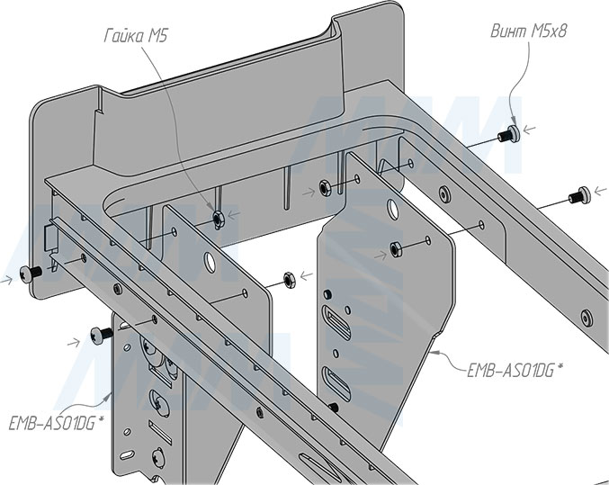 Установка встраиваемой выдвижной корзины EASYBOX F30 для мусора с выдвижным фасадом шириной 300 мм с 2 ведрами 14 л (артикул EMB302-28DG), схема 5