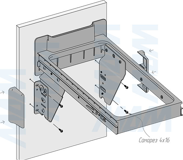 Установка встраиваемой выдвижной корзины EASYBOX F30 для мусора с выдвижным фасадом шириной 300 мм с 2 ведрами 14 л (артикул EMB302-28DG), схема 6