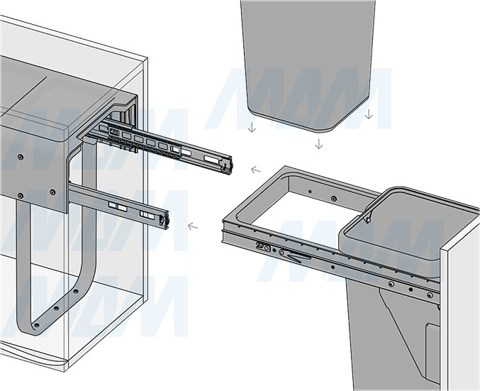 Установка встраиваемой выдвижной корзины EASYBOX F30 для мусора с выдвижным фасадом шириной 300 мм с 2 ведрами 14 л (артикул EMB302-28DG), схема 7