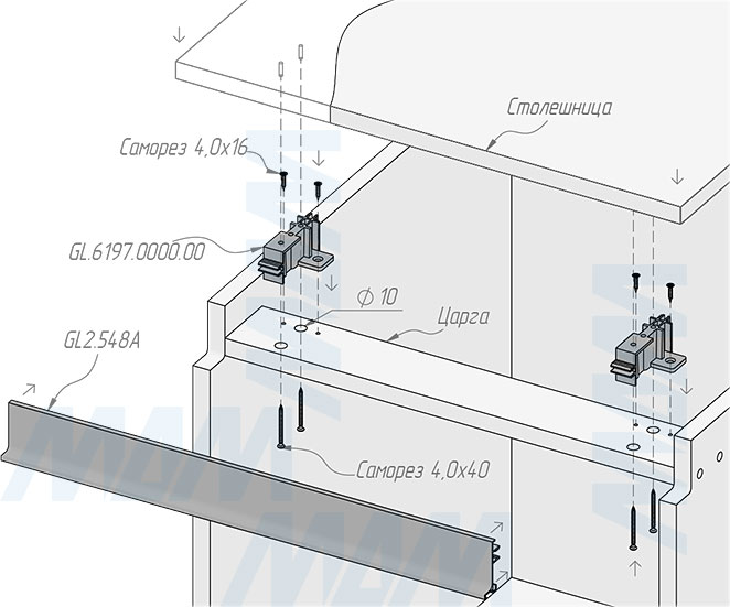 Установка с тонкой столешницей профиля GOLINE 548А с помощью универсального крепления (артикул GL.6197.0000.00)