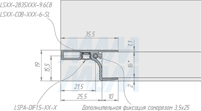 Установка профиль-ручки GOLIGHT для верхней базы, под светодиодную ленту 5 мм (артикул GL2.131.816)