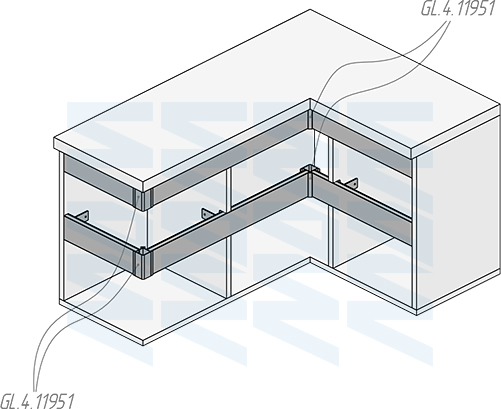 Установка универсальной профиль-ручки GOLAFLATE между ящиками с универсальными уголками MULTIGOLA (артикул GL5.131.704), схема 2