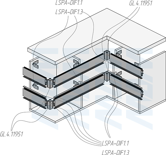 Установка универсальной профиль-ручки GOLAFLATE между ящиками с универсальными уголками MULTIGOLA (артикул GL5.131.704), схема 1