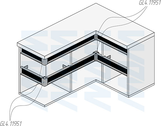 Установка универсальной профиль-ручки GOLIGHT между ящиками с универсальными уголками MULTIGOLA (артикул GL5.131.817), схема 1