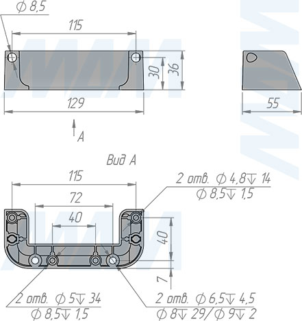 Размеры держателей для лотка-органайзера SINGLE размера А2 (артикул K2CFERM), чертеж 1