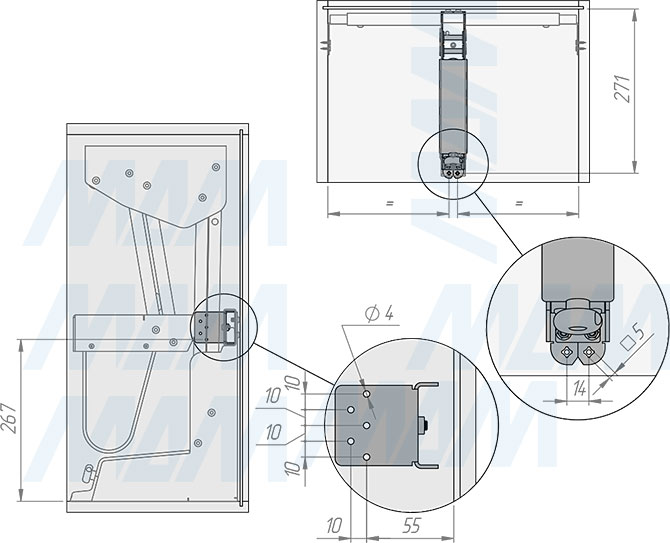 Установка выдвижного двухуровневого механизма KARLO M45 для корпусов верхнего яруса шириной 450 мм (артикул KARLO45), схема 1