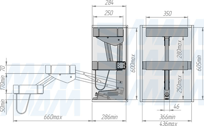Установка выдвижного двухуровневого механизма KARLO M45 для корпусов верхнего яруса шириной 450 мм (артикул KARLO45), схема 2