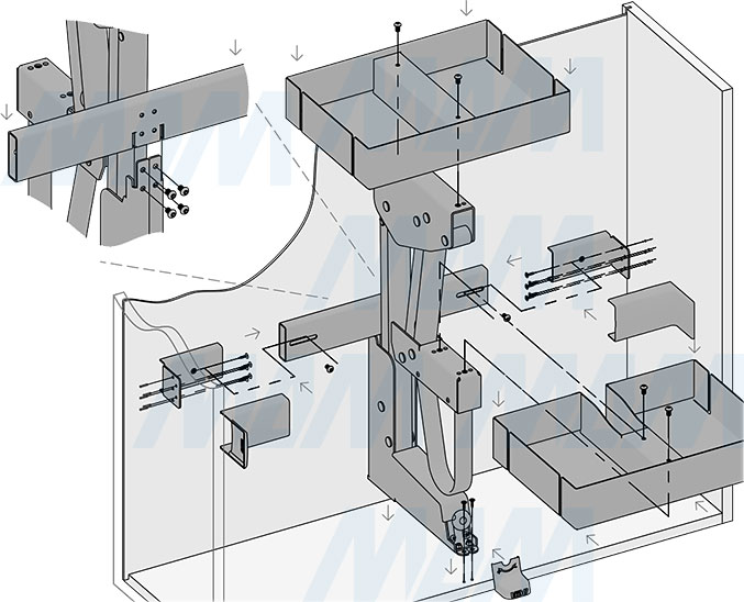 Установка выдвижного двухуровневого механизма KARLO M45 для корпусов верхнего яруса шириной 450 мм (артикул KARLO45), схема 3