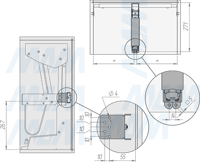 Установка выдвижного двухуровневого механизма KARLO M50 для корпусов верхнего яруса шириной 500 мм (артикул KARLO50), схема 1