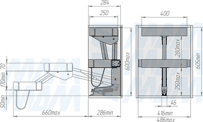 Установка выдвижного двухуровневого механизма KARLO M50 для корпусов верхнего яруса шириной 500 мм (артикул KARLO50), схема 2