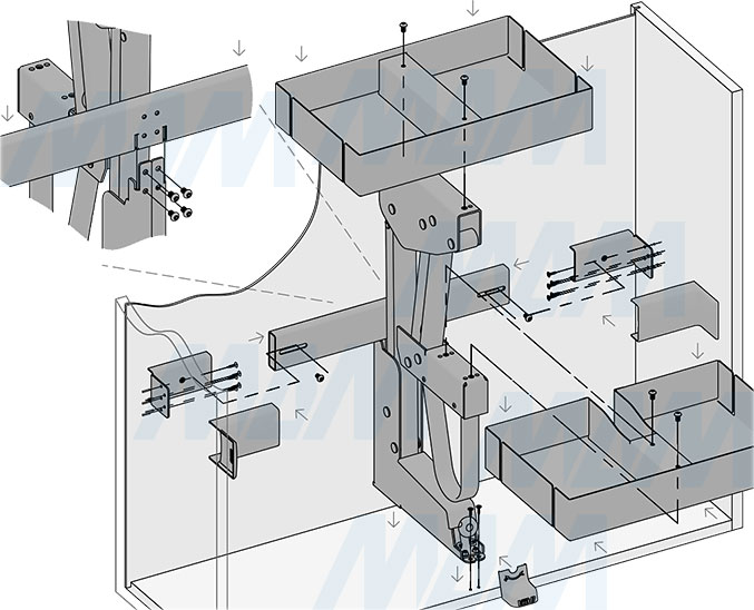 Установка выдвижного двухуровневого механизма KARLO M50 для корпусов верхнего яруса шириной 500 мм (артикул KARLO50), схема 3