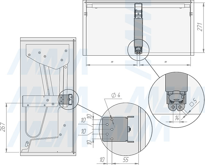 Установка выдвижного двухуровневого механизма KARLO M60 для корпусов верхнего яруса шириной 600 мм (артикул KARLO60), схема 1
