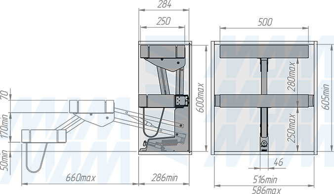 Установка выдвижного двухуровневого механизма KARLO M60 для корпусов верхнего яруса шириной 600 мм (артикул KARLO60), схема 2