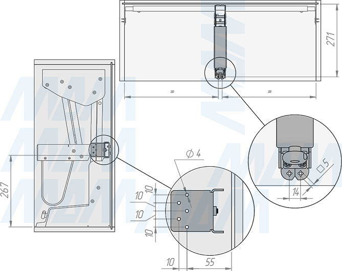 Установка выдвижного двухуровневого механизма KARLO M75 для корпусов верхнего яруса шириной 750 мм (артикул KARLO75), схема 1