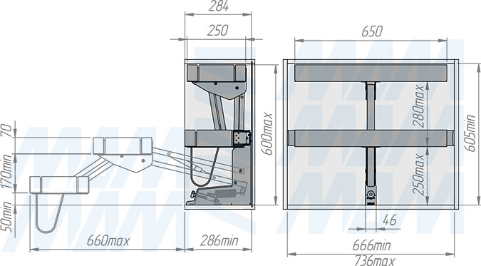 Установка выдвижного двухуровневого механизма KARLO M75 для корпусов верхнего яруса шириной 750 мм (артикул KARLO75), схема 2