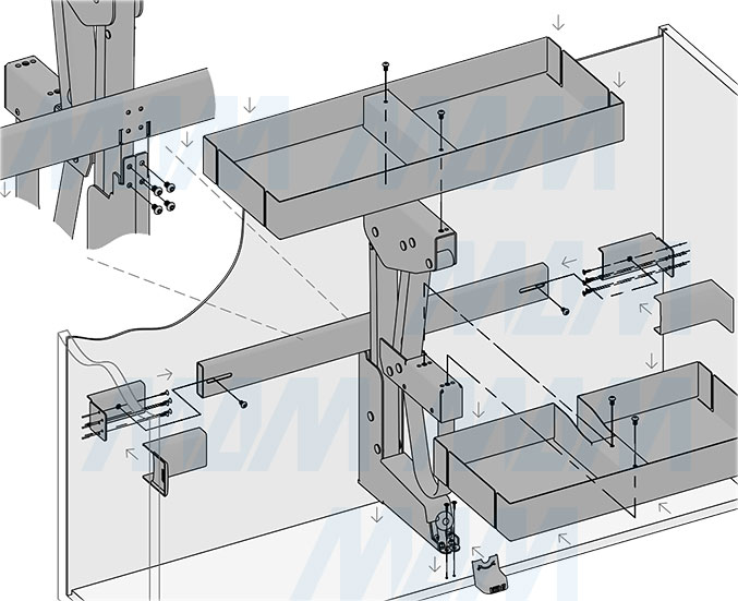 Установка выдвижного двухуровневого механизма KARLO M75 для корпусов верхнего яруса шириной 750 мм (артикул KARLO75), схема 3