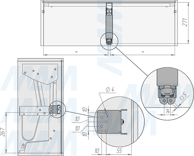 Установка выдвижного двухуровневого механизма KARLO M90 для корпусов верхнего яруса шириной 900 мм (артикул KARLO90), схема 1