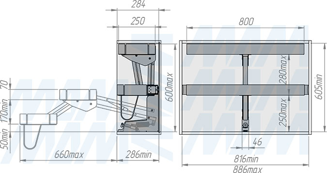Установка выдвижного двухуровневого механизма KARLO M90 для корпусов верхнего яруса шириной 900 мм (артикул KARLO90), схема 2