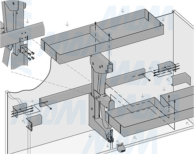 Установка выдвижного двухуровневого механизма KARLO M90 для корпусов верхнего яруса шириной 900 мм (артикул KARLO90), схема 3