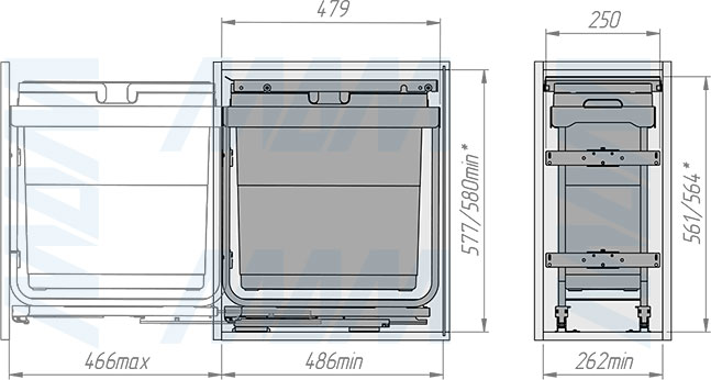 Установка системы KOMBI 2.0 M30W для фасадов шириной от 300 мм с 1 ведром с крышкой-полкой для сортировки и хранения (артикул KOMBI2GME301SCGMRF), схема 2