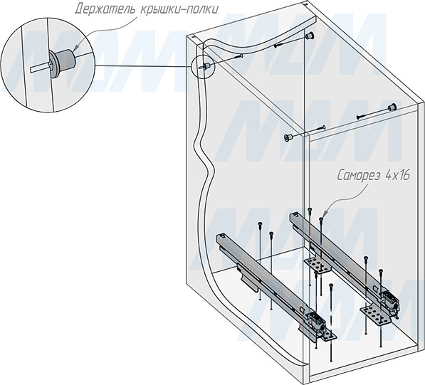 Установка системы KOMBI 2.0 M30W для фасадов шириной от 300 мм с 1 ведром с крышкой-полкой для сортировки и хранения (артикул KOMBI2GME301SCGMRF), схема 3