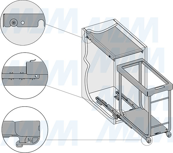 Установка системы KOMBI 2.0 M30W для фасадов шириной от 300 мм с 1 ведром с крышкой-полкой для сортировки и хранения (артикул KOMBI2GME301SCGMRF), схема 4