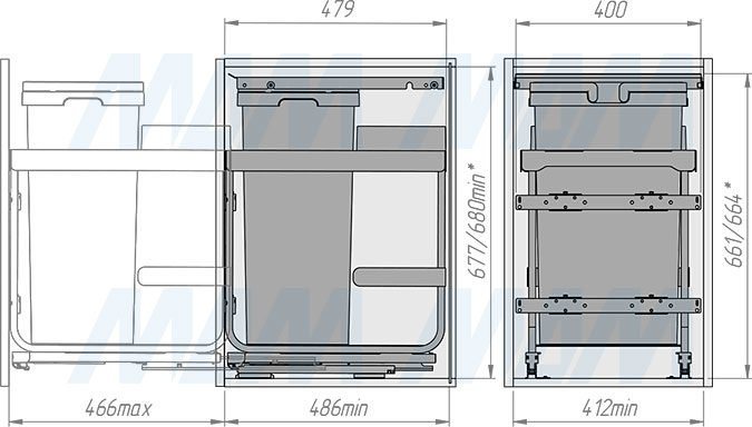 Установка системы KOMBI 2.0 M45W для фасадов шириной от 450 мм с 1 ведром с крышкой-полкой для сортировки и хранения (артикул KOMBI2GME451ASCGMRF), схема 2
