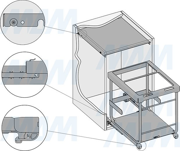 Установка системы KOMBI 2.0 M45W для фасадов шириной от 450 мм с 1 ведром с крышкой-полкой для сортировки и хранения (артикул KOMBI2GME451ASCGMRF), схема 4