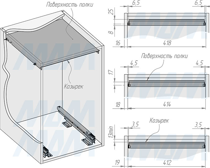 Установка системы KOMBI 2.0 M45W для фасадов шириной от 450 мм с 1 ведром с крышкой-полкой для сортировки и хранения (артикул KOMBI2GME451ASCGMRF), схема 7