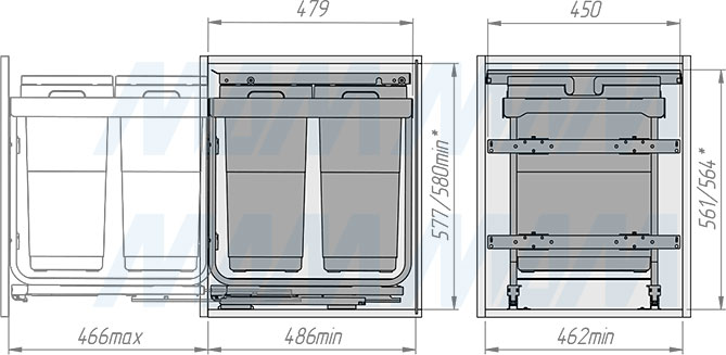 Установка системы KOMBI 2.0 M50W для фасадов шириной от 500 мм с 2 ведрами с крышкой-полкой для сортировки и хранения (артикул KOMBI2GME502SCGMRF), схема 2