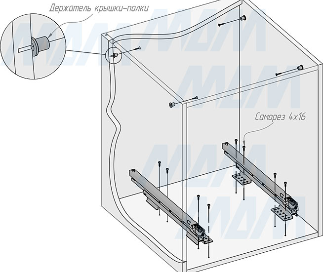 Установка системы KOMBI 2.0 M50W для фасадов шириной от 500 мм с 2 ведрами с крышкой-полкой для сортировки и хранения (артикул KOMBI2GME502SCGMRF), схема 3