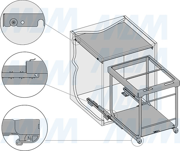 Установка системы KOMBI 2.0 M50W для фасадов шириной от 500 мм с 2 ведрами с крышкой-полкой для сортировки и хранения (артикул KOMBI2GME502SCGMRF), схема 4