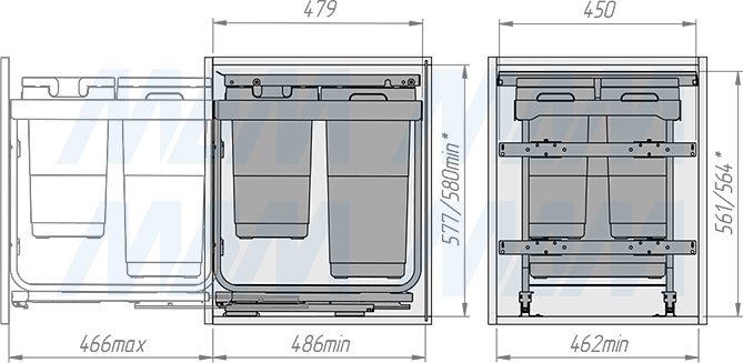 Установка системы KOMBI 2.0 M50W для фасадов шириной от 500 мм с 3 ведрами с крышкой-полкой для сортировки и хранения (артикул KOMBI2GME503SCGMRF), схема 2